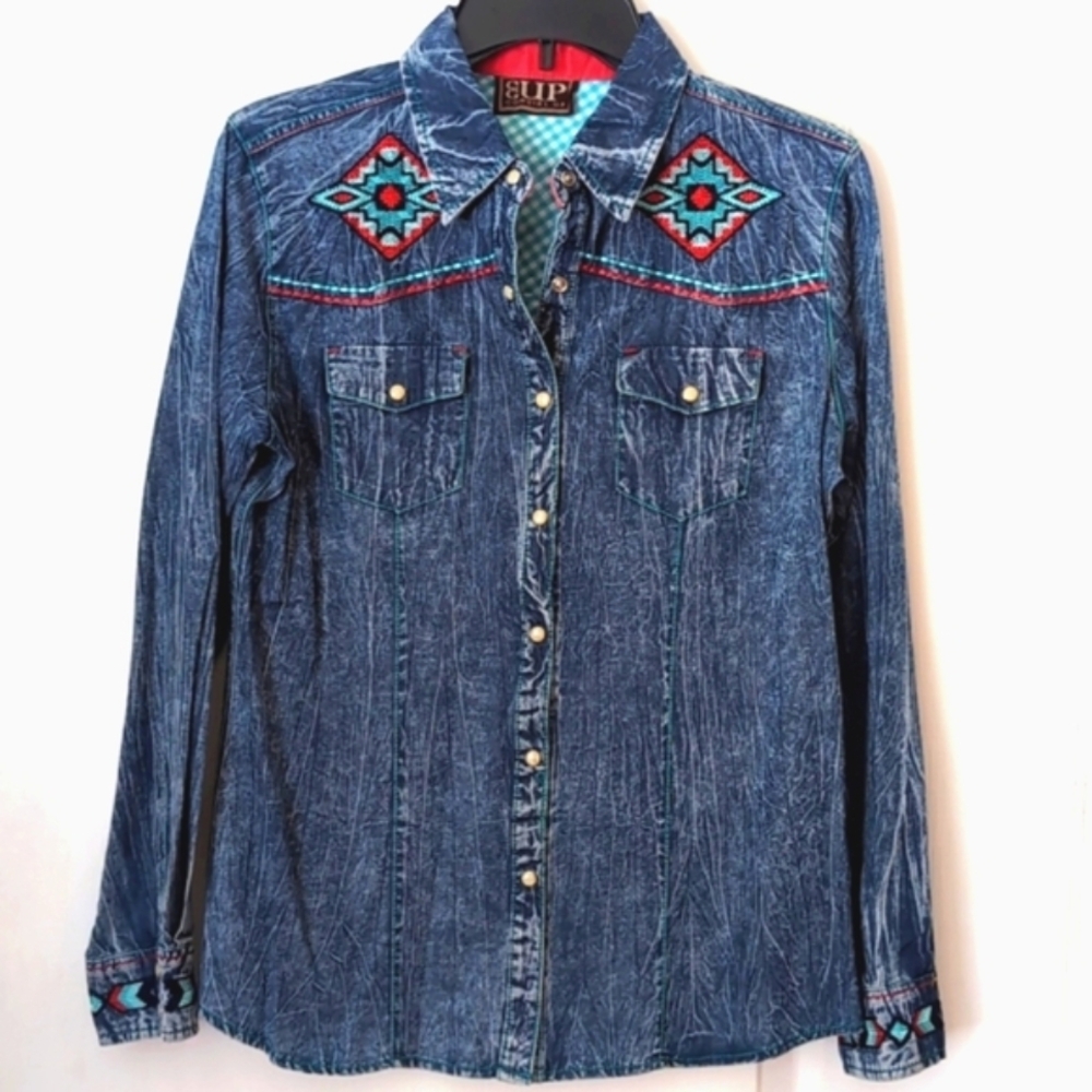 Cowgirl Up Embroidered Acid Wash Denim Western Shirt. Pearl Snap. Size S.